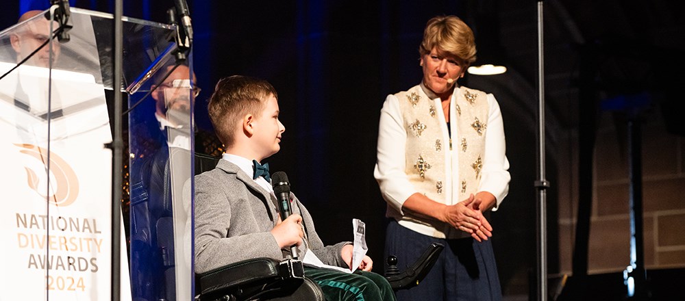 George on stage with Clare Balding